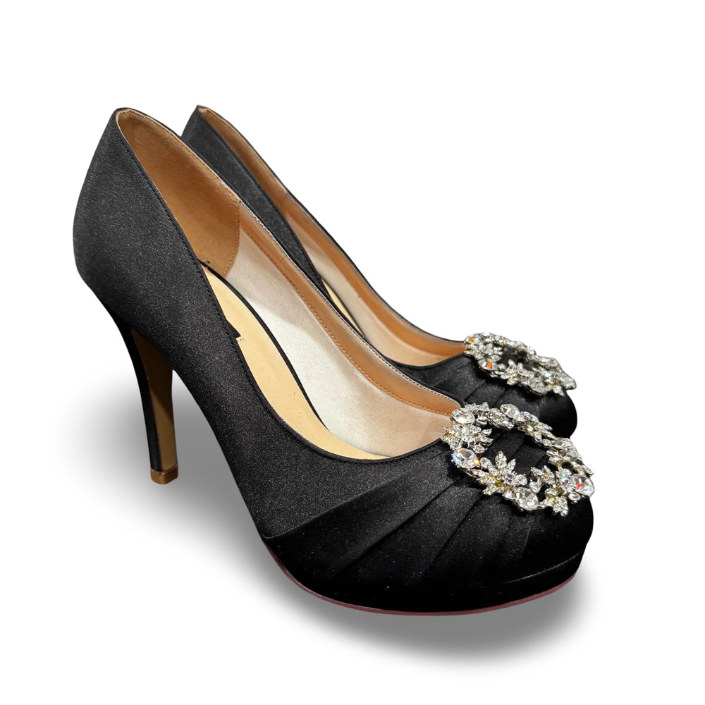 Eriunor Black Satin Rhinestone Platform Pumps High Heels Women's Size 6